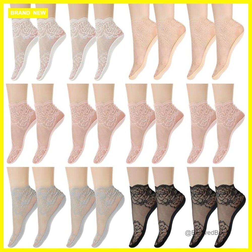 12 Pairs Lace Ankle Socks Fishnet Ruffle Rose Pattern Women's Novelty
